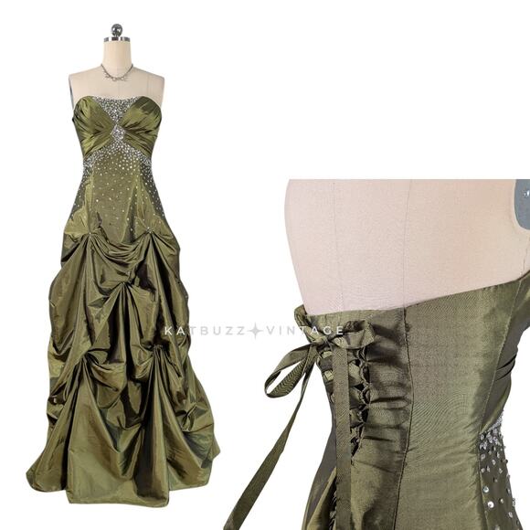 Y2K Prom Dress Maxi Gown 8 Green Fairy Princess Floral Ruffle Bead Tiana Glam - Picture 1 of 13